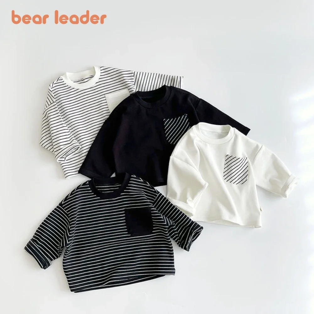 Bear Leader Children's Korean Loose T-shirt for Boys and Girls Spring and Autumn Long Sleeved Base Shirt Striped Basic Top