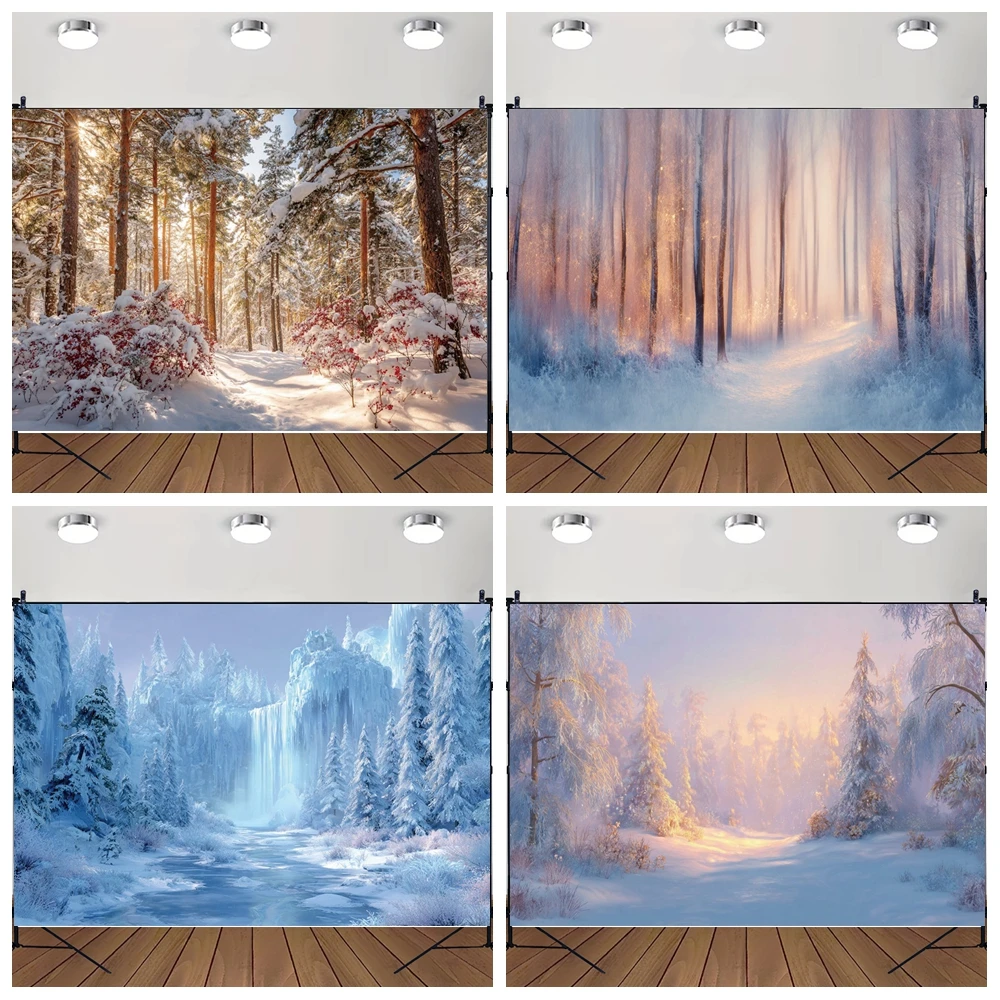 

MOON.QG Magical Winter Aurora Backgrounds For Photographs Christmas Misty Forest Golden Backdrop Kids Photobooth Poster Portrait