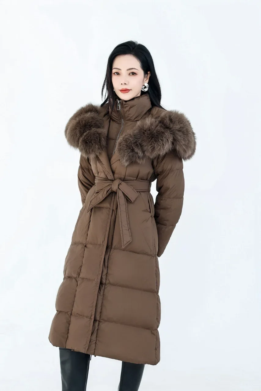 Jaqueta feminina europeia de inverno, jaqueta slim fit com capuz de pele de raposa e ganso