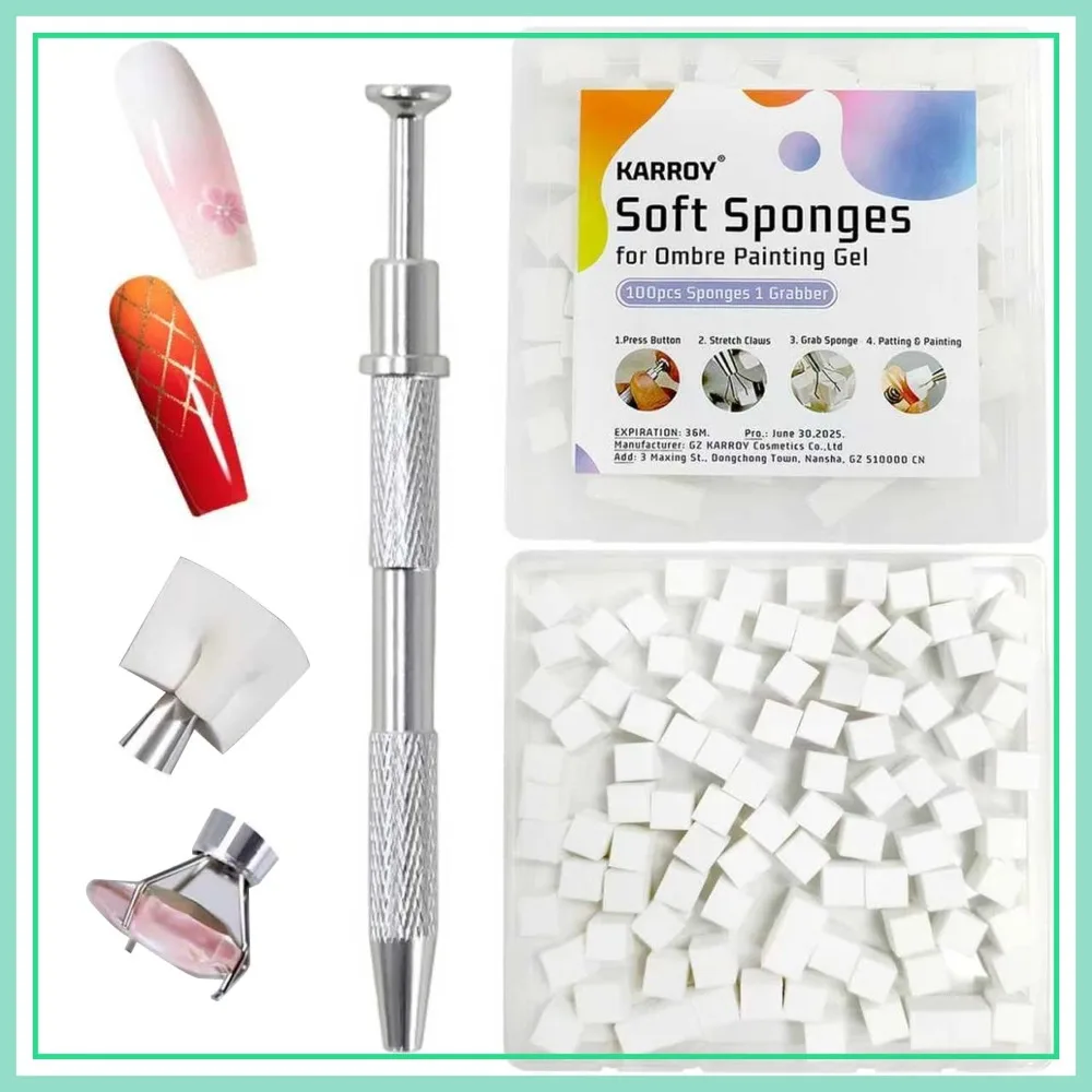 

100Pcs Soft Nail Art Sponges with Grabber for Ombre Gradient Gel Painting, Professional Patting Tool