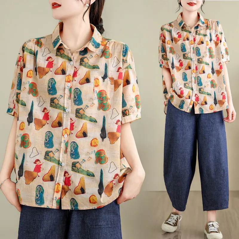 

Summer New Loose Women's ort Sve irt Floral Print Fre Sle Casual Top Commute Faion Cotton Polyester Blend