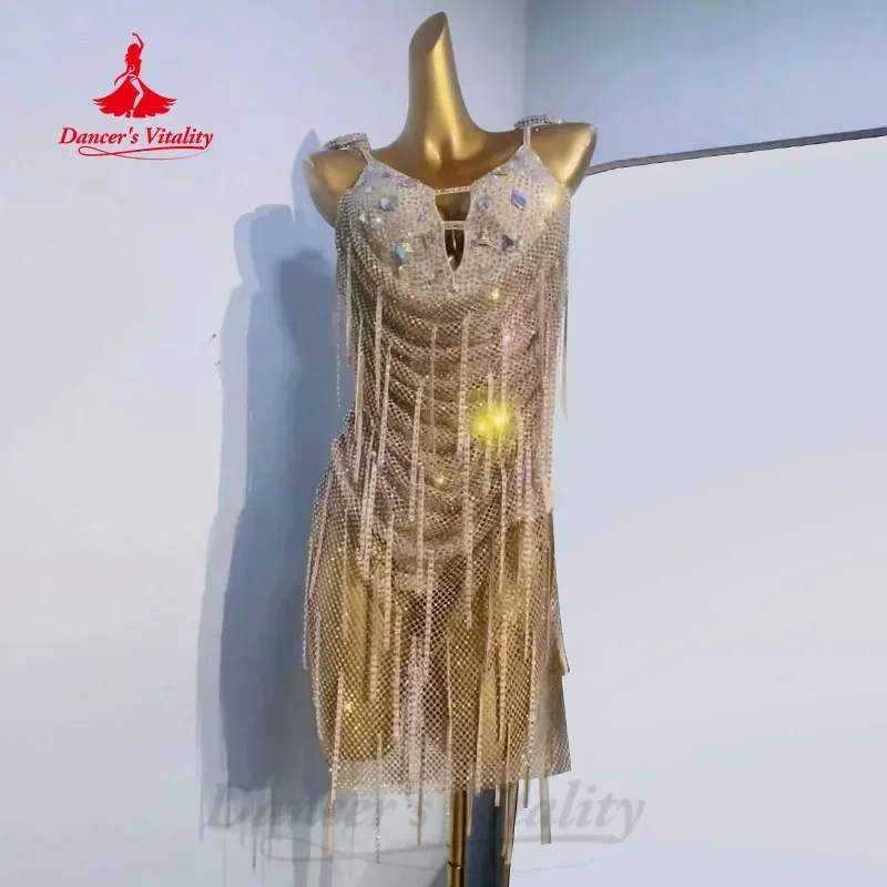 Latin Dance Competition Costume Women's Customized High-end AB Stones Mesh Fringe Dress Children Tango Samba Performance Outfit