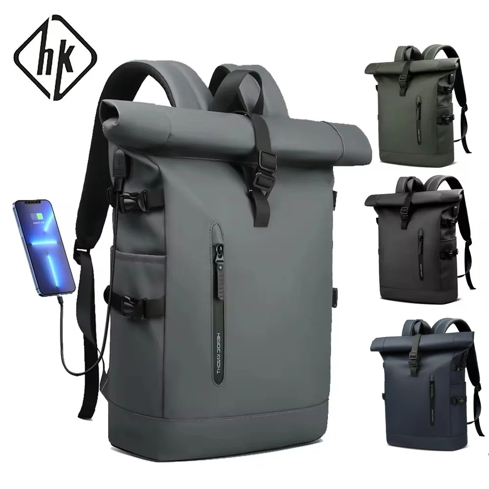 HK Waterproof Rolltop Backpack Large Capacity Laptop Bag for Men Women Travel School Business Anti-theft Bag With USB Charging