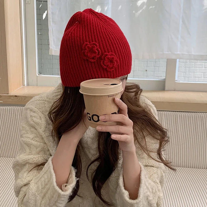 Ins Sweet Rose Design Knitted Beanies Cap for Women Autumn and Winter Travel Warm Versatile Casual Solid Color Pullover Hats