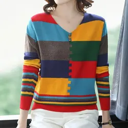 Casual V-Neck Contrasting Colors Striped Sweaters Autumn Winter New Fashion Button Long Sleeve Knitted Jumpers Women's Clothing