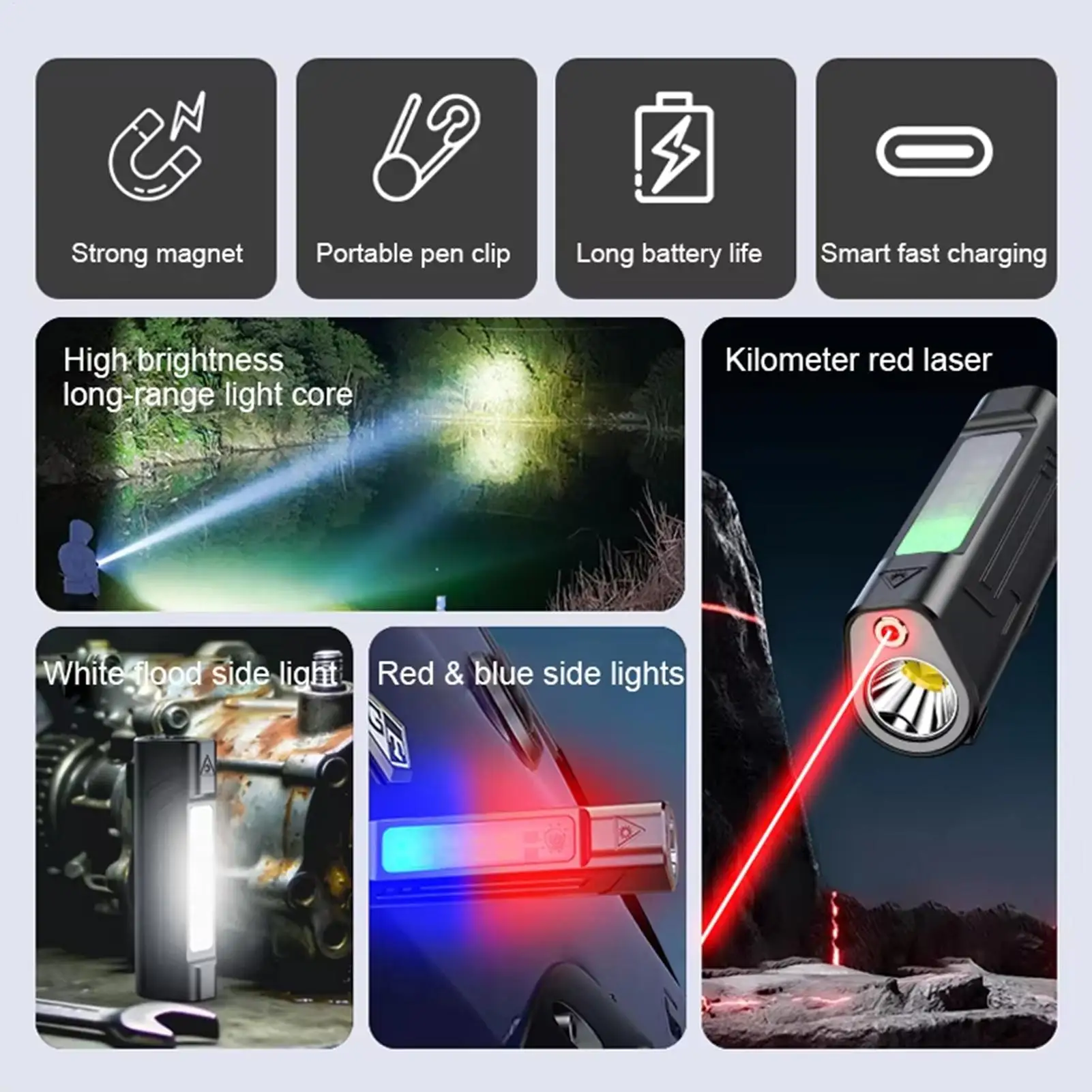 Outdoor Flashlight Magnetic Base Back Clip High Brightness Infrared Light Warning Flashlight For Camping Hiking Fishing Men