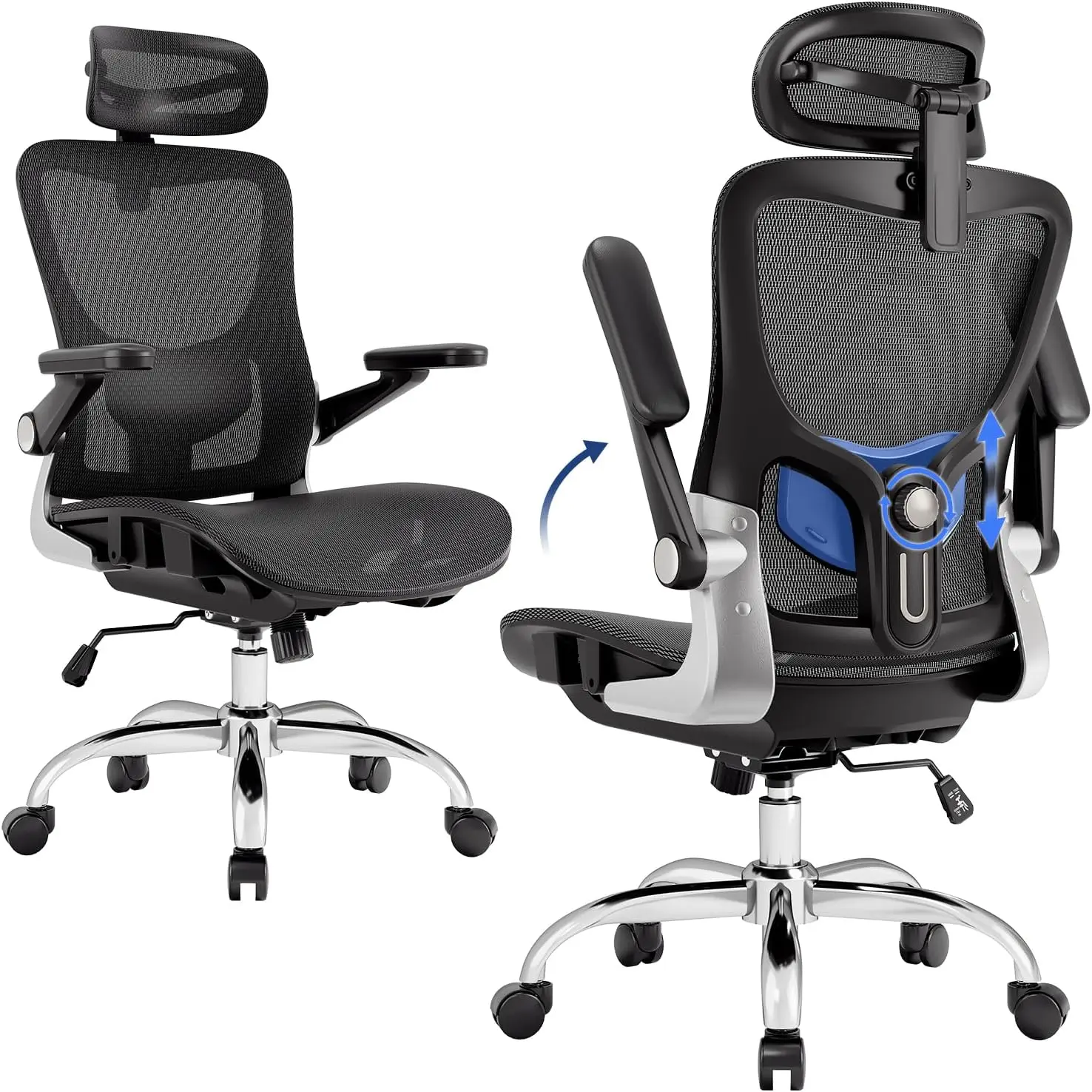 

Ergonomic Office Chair, Mesh Seat, 3D Armrests, 3D Headrest, Adjustable Lumbar, Rocking, SGS Class 4 Gas, Black