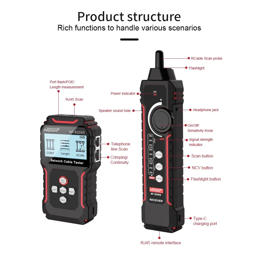 NOYAFA Cable and Network tester Cable and Network test NF-8209S LCD Network Cable Tester Wire Tracker PoE Cable Tracker