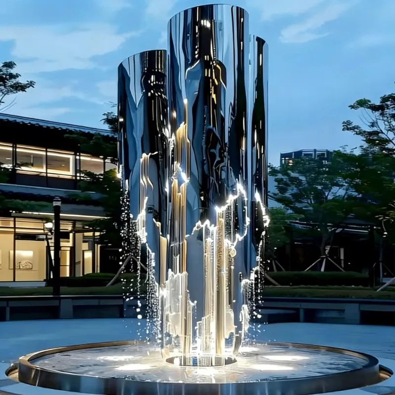Custom Mirror Polished Hollow Cylinder Stainless Steel Waterfall Fountain Sculpture Modern Outdoor Waterscape Decoration