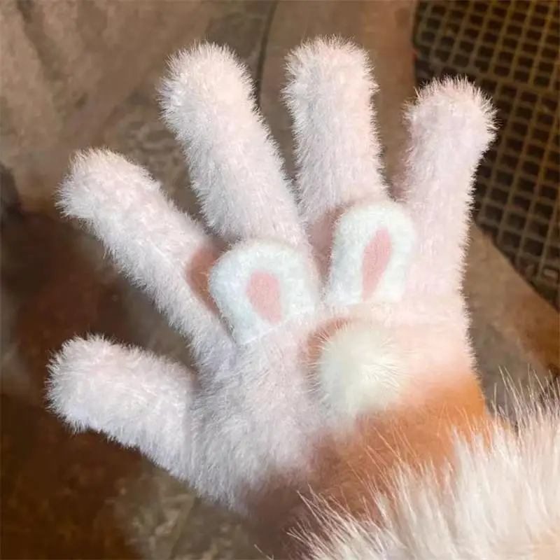 لطيف الوردي أرنب القط الأذن بوم بوم قفازات قطيفة الباردة واقية قفازات طالب شتاء دافئ خمسة أصابع قفازات النساء الإكسسوارات هدية عيد الميلاد