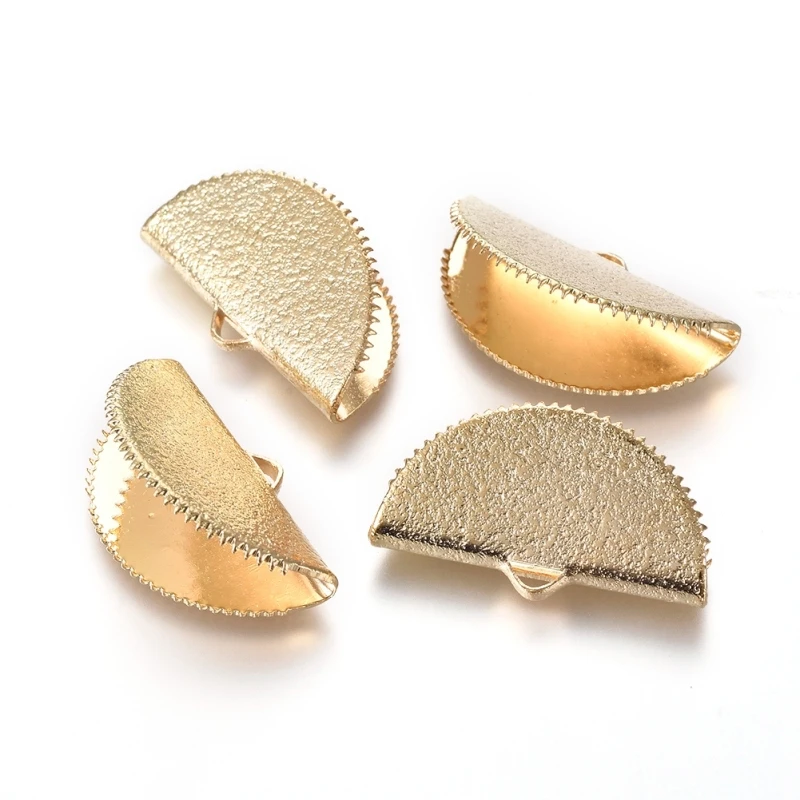 5pcs Brass Ribbon Crimp Ends  Textured  Half Round  Golden  25x14x8~9mm  Hole: 3x1.5mm