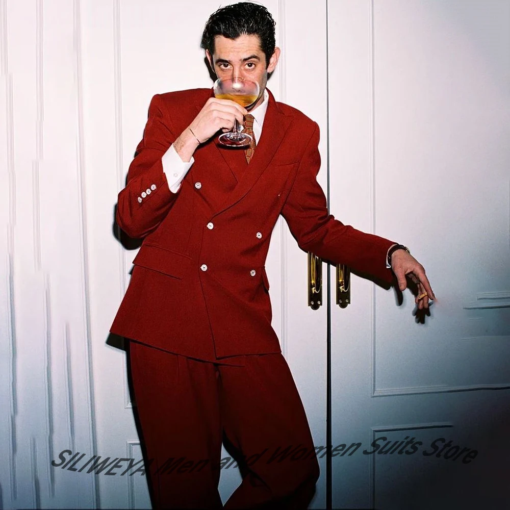 

Vintage Red Men's Suits Two Piece Set Evening Party Casual Formal Double Breasted Peaked Lapel Blazer Trousers Banquet Costume