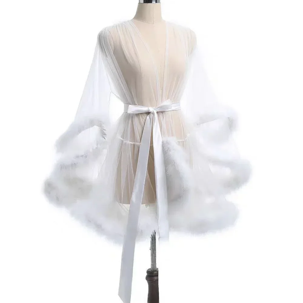 Sexy Transparent Mesh Outer Robe Bathrobe Nightgown See through Home Clothes Fur Splicing Sleeve mid Length Coat for Women