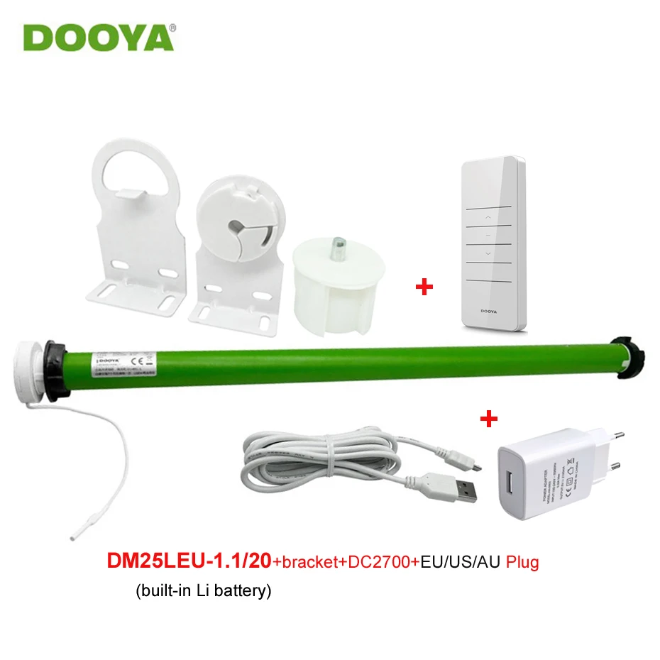 Original DOOYA DM25LEU Tubular Curtain Motor Built-in Li Battery USB Charge RF433 Remote Rolling Blinds for Dia.38mm Tube