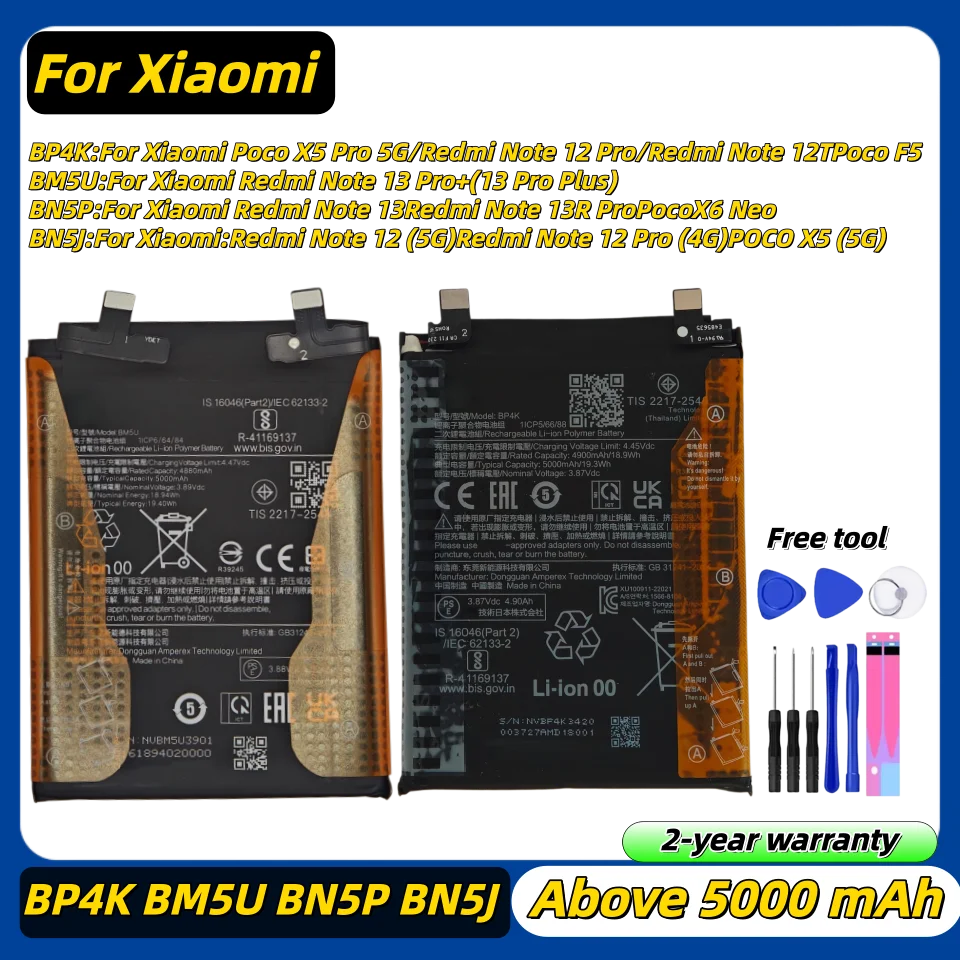 

BP4K BM5U BN5P BN5J lithium Battery For Xiaomi Mi PocoX5 Pro RedmiNote 13 Pro Plus 13Pro 13Plus 12T 12Pro Replacethephonebattery