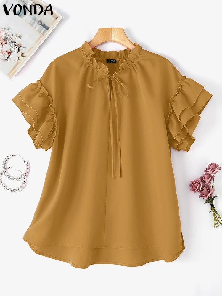

VONDA Summer Tops Tee Short Sleeve Ruffles Women Blouse Streetwear Solid Color Blusas Lace-up Tunic Women's Clothing Shirt