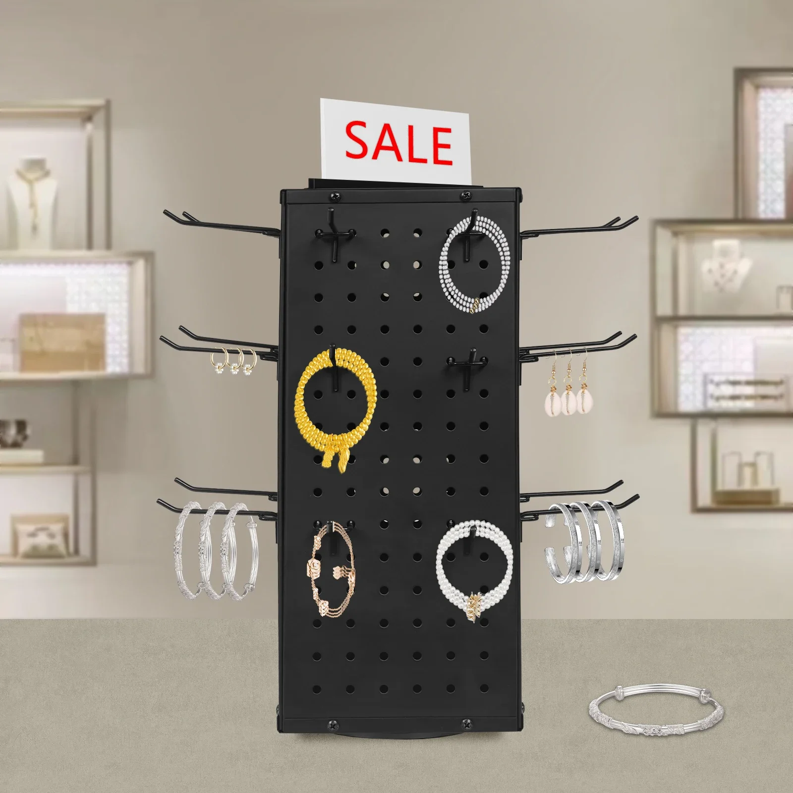 360 °   Stand Display Pegboard Berputar - Organizer Kerajinan 4 Sisi dengan 24 Kait - Rak Penyimpanan Baja Modern 17 Inci untuk Rumah & Kantor