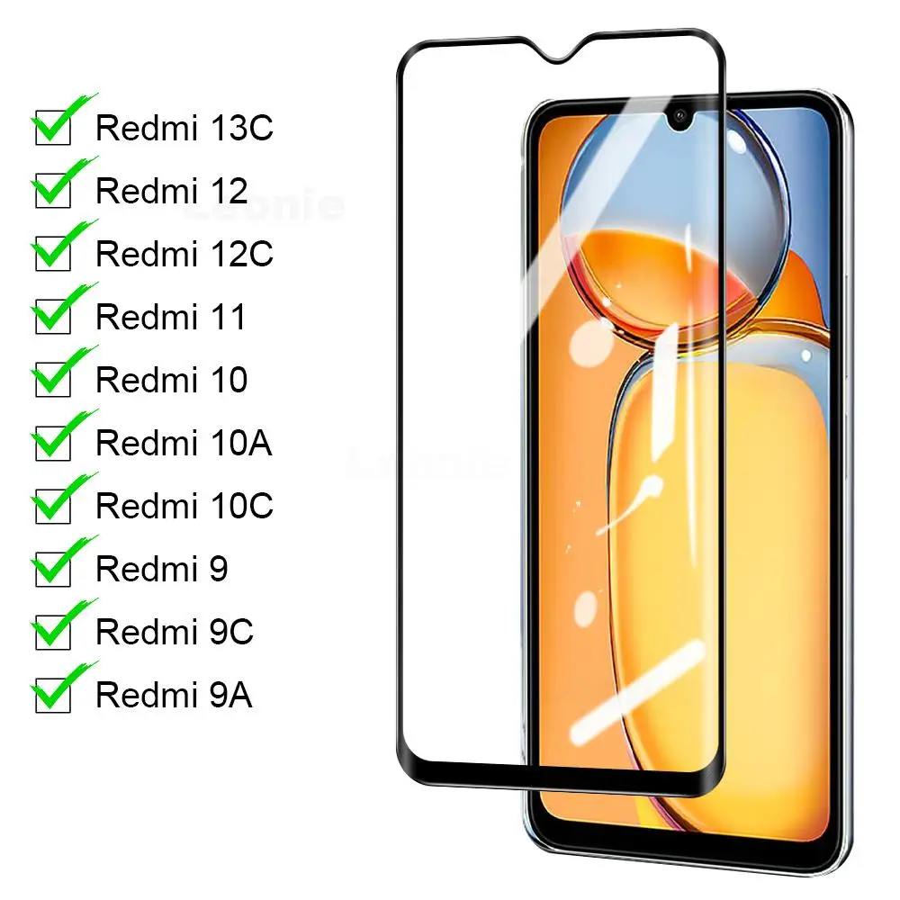 9D Tempered Glass For Xiaomi Redmi 13C 12 12C 10A 10C Full Screen Protector Screen Saver Sensitive Front Film