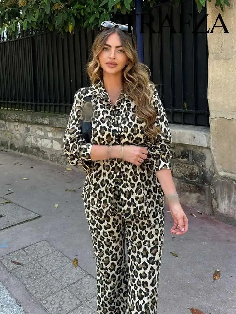 Neue 2025 Frühling Weibliche Mit Tasche Lange Ärmel Revers Hemd + Gerade Bein Hohe Taille Hosen Vintage Leopard Print 2-stück Anzug