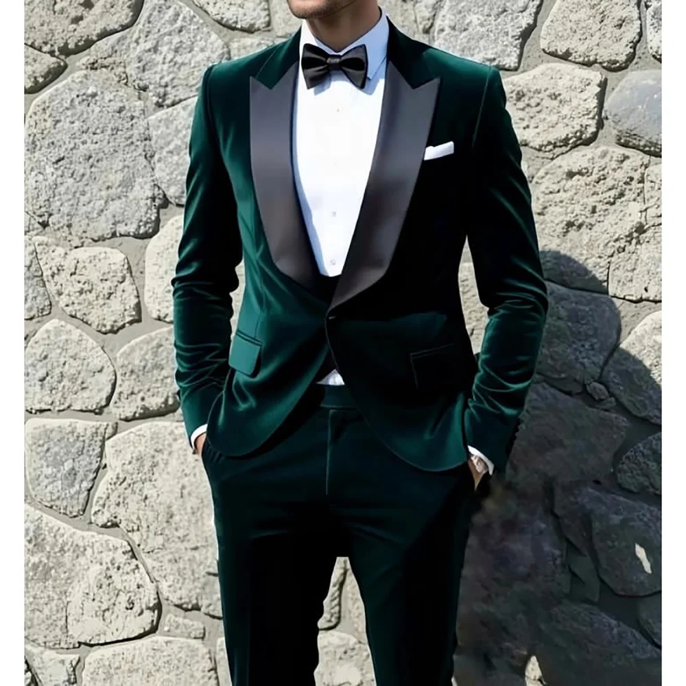 

2 Pieces Green Velvet Men's Suit Wedding Groom Tuxedo High Quality Boutique Formal Occasion Male Clothing