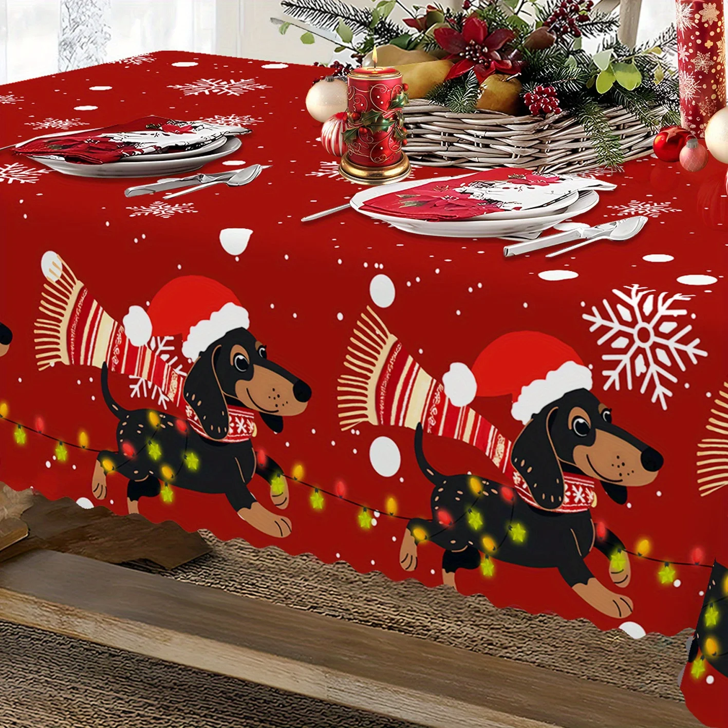 1pc Dachshund-Themed Christmas Tablecloth Suitable for Indoor/Outdoor Use - Wrinkle-Free Round & Rectangular Pet-Friendly Table with Cute Dachshund, Easy Holiday Decor for Dachshund Lovers ()