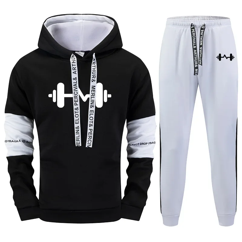 Dumbbel Print Men's Hooded Sweatshirt Sweatpants Us Streetwear Hip Hop Fashion Sportswear Hoodies Jogger Pants Fitness Outfit