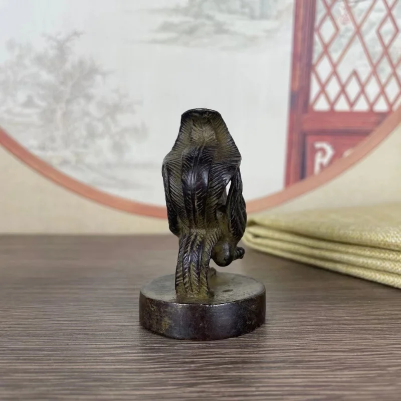 Old-Fashioned Alloy Vermilion Bird Round Seal Ornament with Patina, Home Decor Collectible