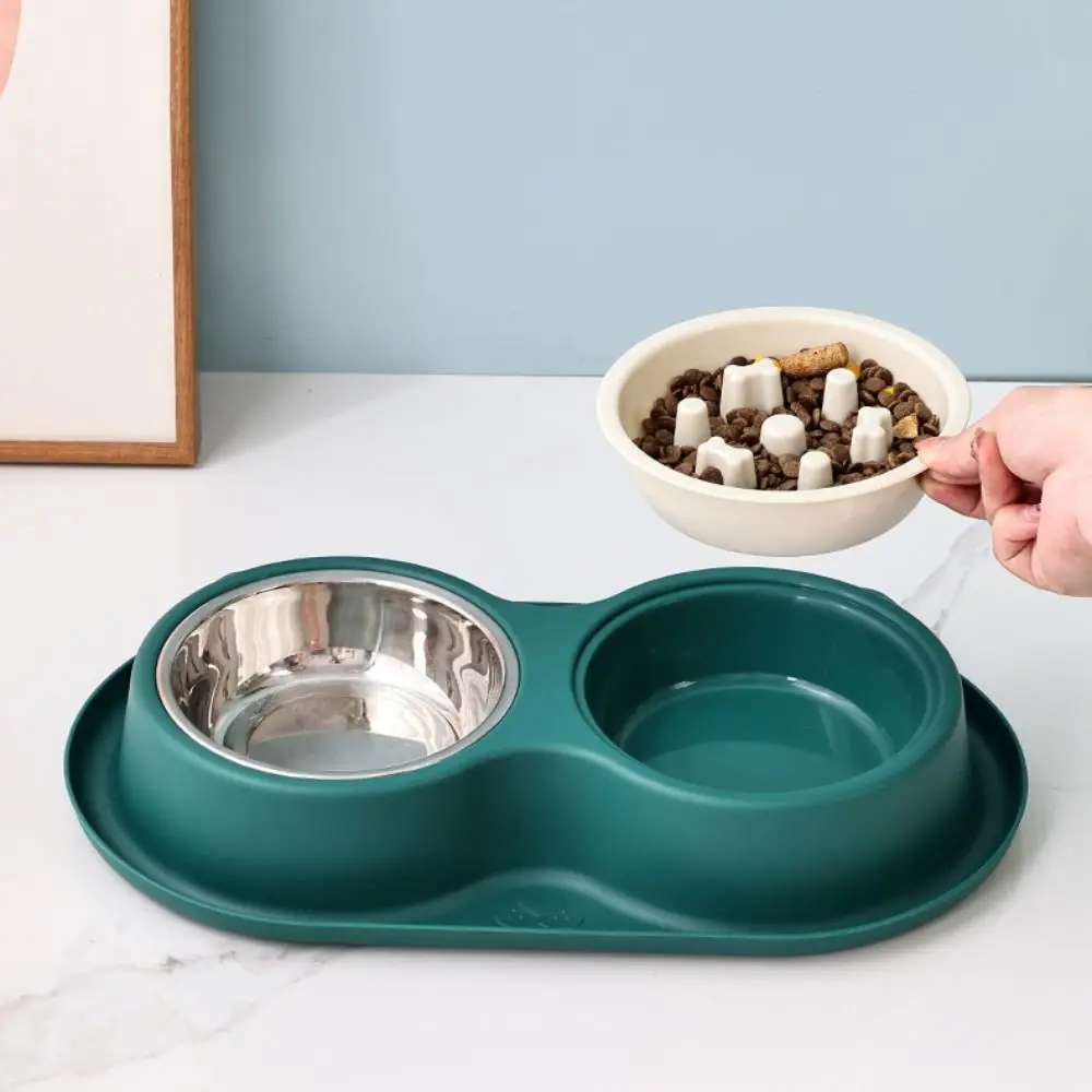 Plastic Pet Feeding Double Bowls Stainless Steel Portable Cat Slow Food Bowl Anti Knock Detachable Pet Food Basin Kitten