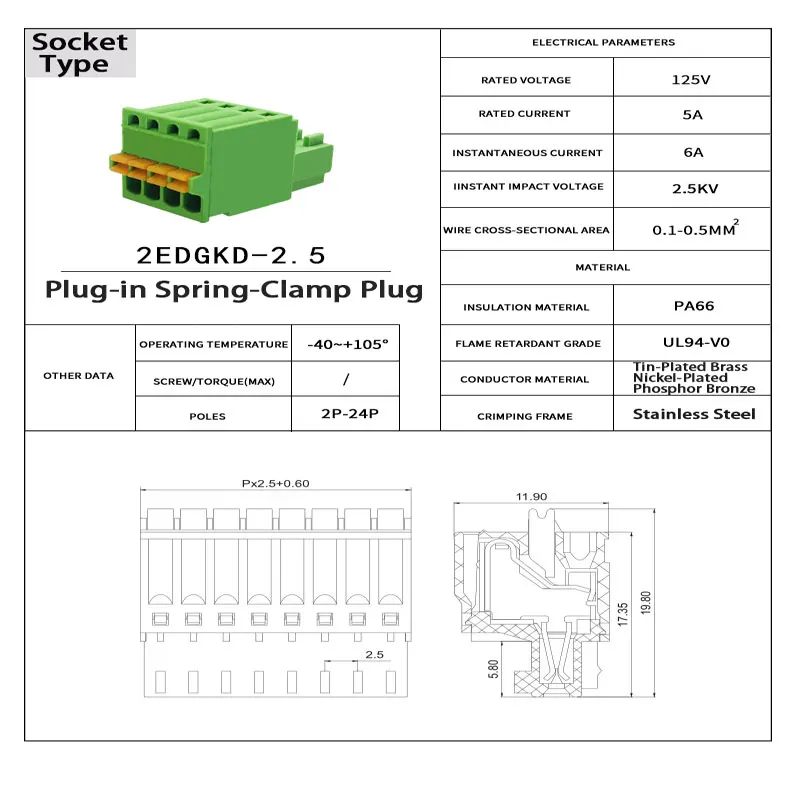 垂直ピンヘッダプラグコンプリートセット/2.5mmピッチ圧着スプリングクランプPCB端子台2EDGKDシリーズ/耐振動、4A