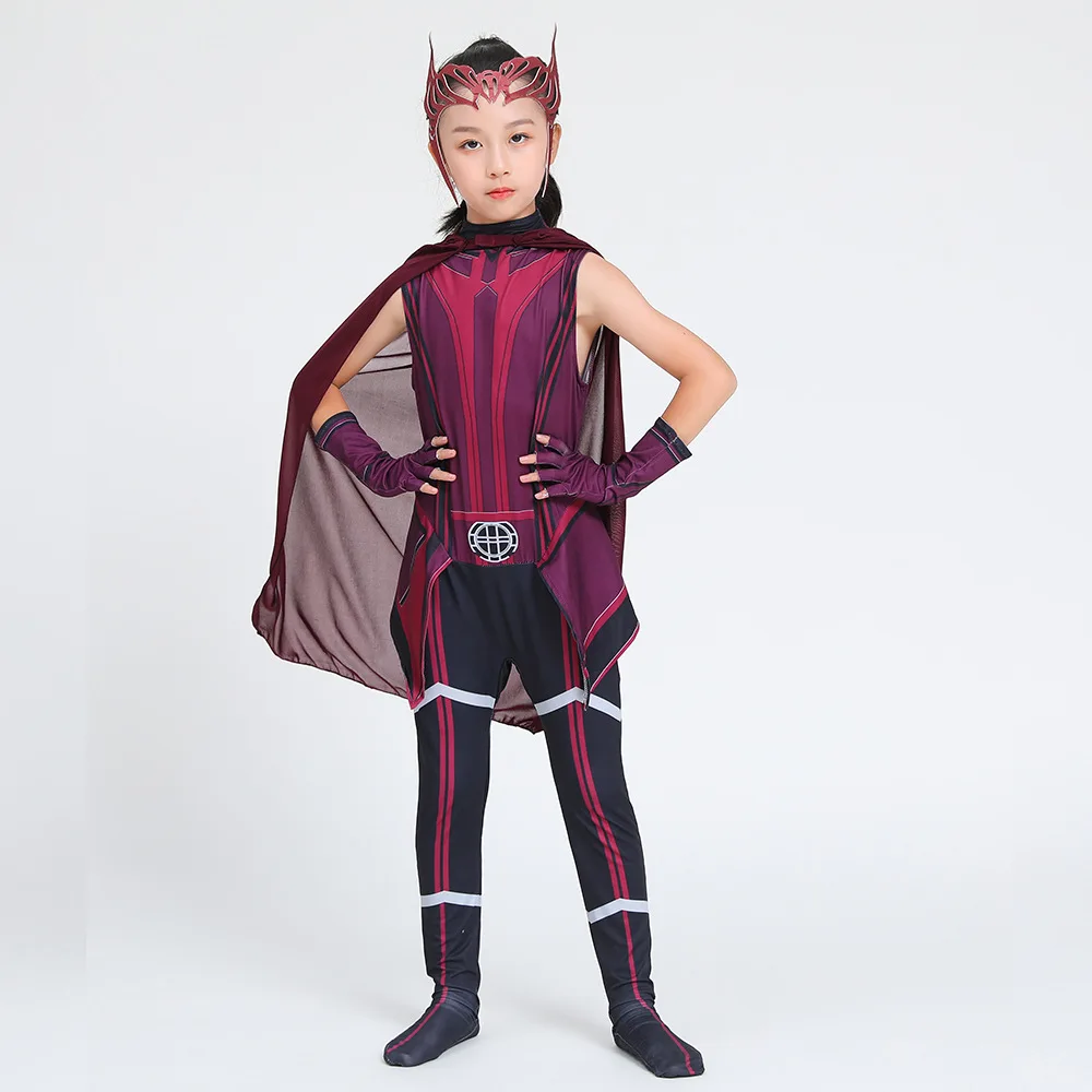 

Костюм супергероя, детский косплей, ролевой наряд для девочек на Хэллоуин, комбинезон «Алая ведьма», красный сценический костюм ведьмы