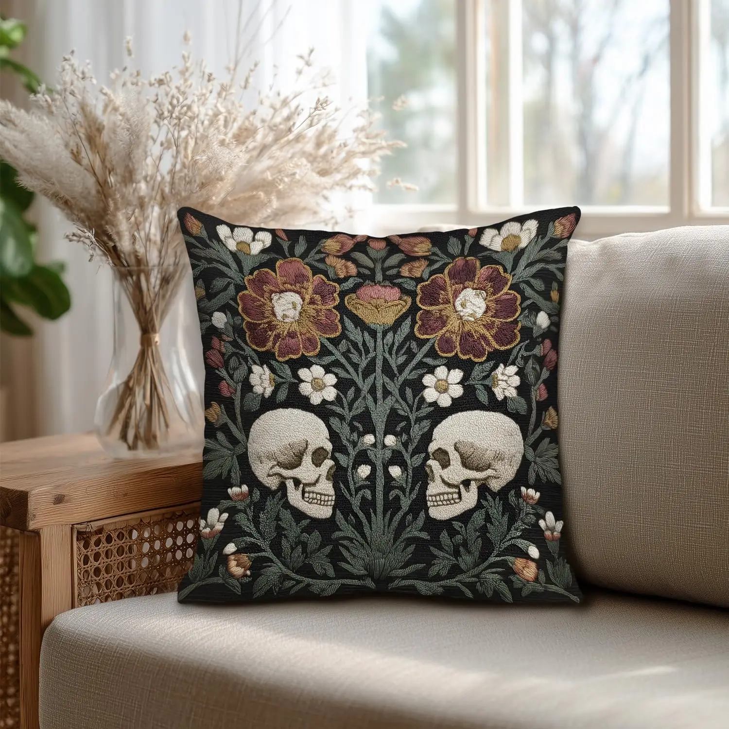 Gothic Skull Floral Pillow Cover Cushion Black Throw Decor Witchy Boho Dark Academia 40x40cm