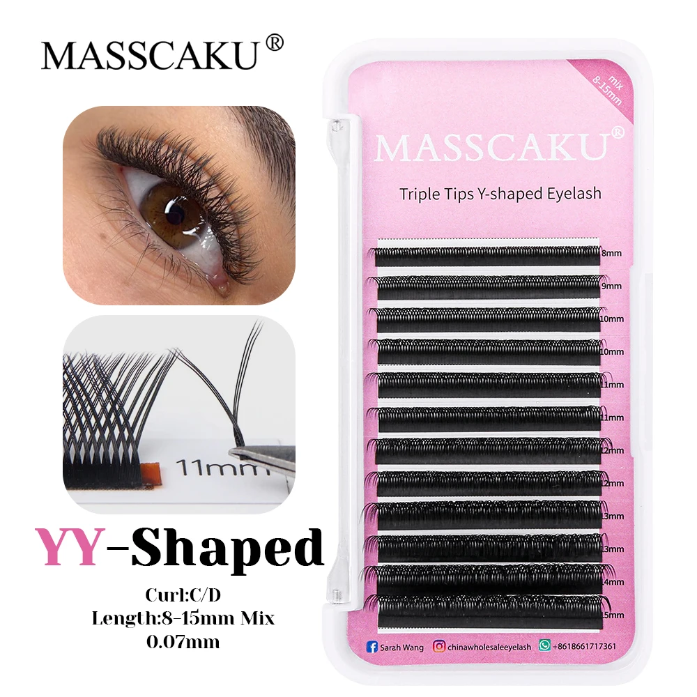 

New Style MASSCAKU C D Curl Waterproof Korea PBT Fiber YY Shaped Eyelash 3D Effect Long-lasting Triple Tips Y Style Lash Bundles