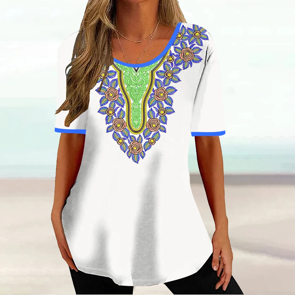 African Ethnic Women's T-shirt Tribal Print Short Sleeve Female Classic Pullover Summer O-Neck Loose Streetwear Daily Clothing