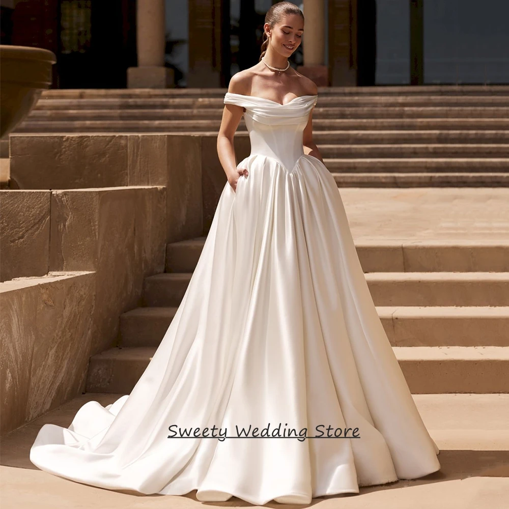 Customized Woman Bridal Gown for Bride Modern Off The Shoulder V Neck Draped Skirt A Line Wedding Dress Sweep Train