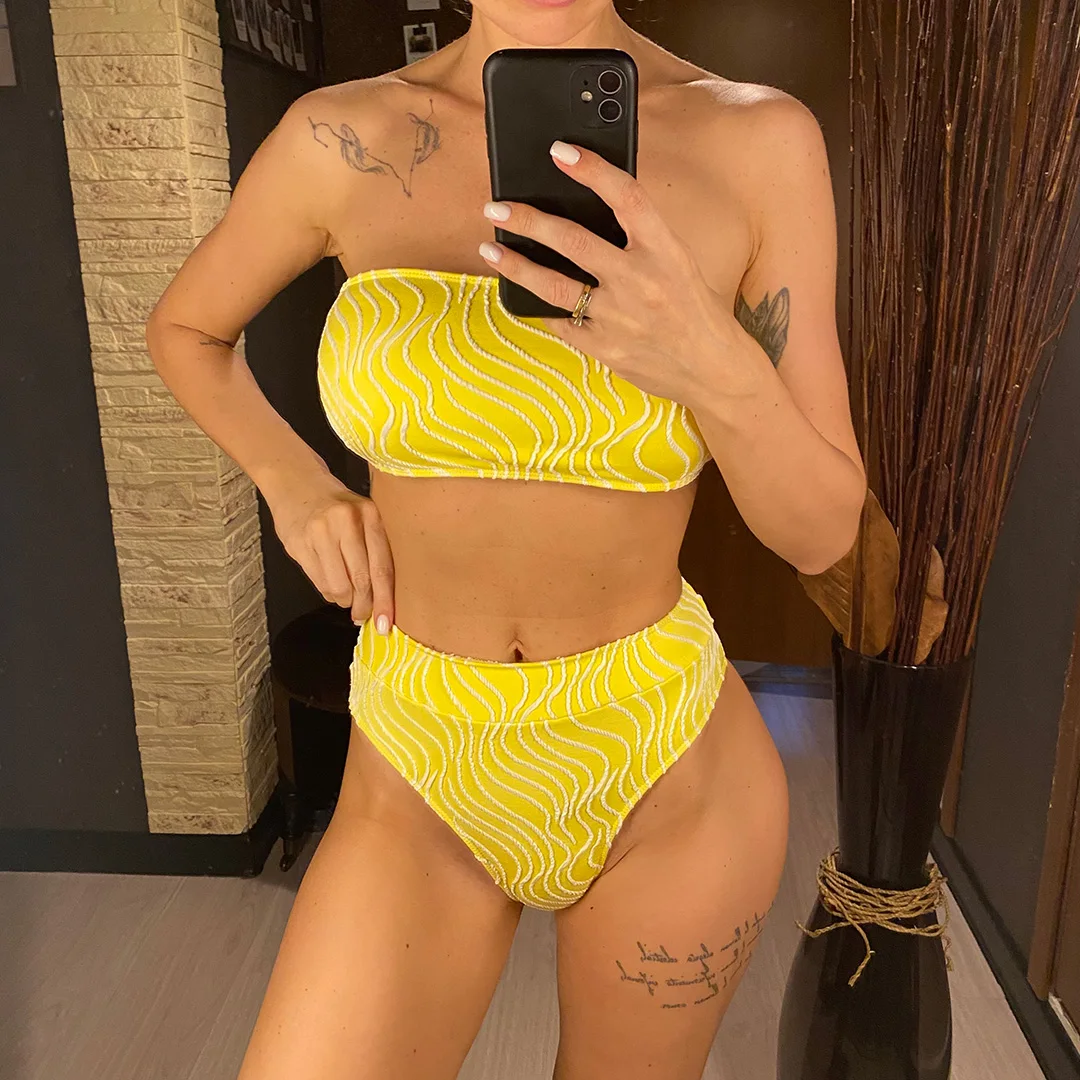 Sexy Bikini mit Wellenmuster, Bandeau-Oberteil und hoher Taille, Damen-Badeanzug, zweiteiliges Bikini-Set, Badebekleidung, Badeanzug, Modell V5445. – Detail 18