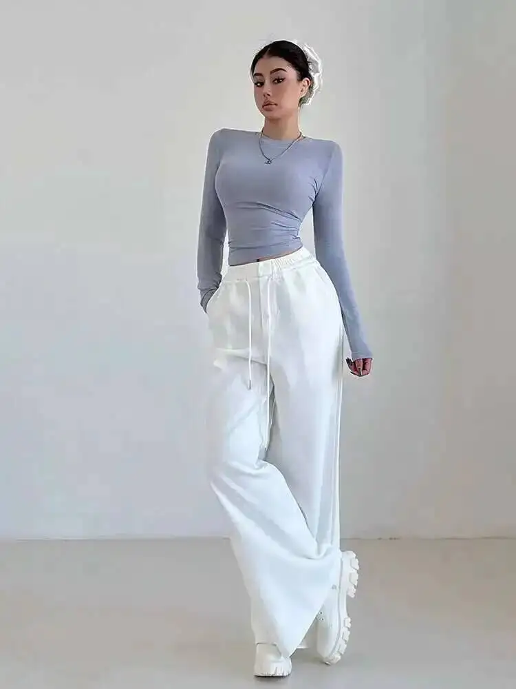 الأمريكية الساخنة فتاة زر مرونة الخصر الرباط بنطال ذو قصة أرجل واسعة المرأة 2025 الخريف فضفاض موضة غير رسمية النساء السراويل 8IOS