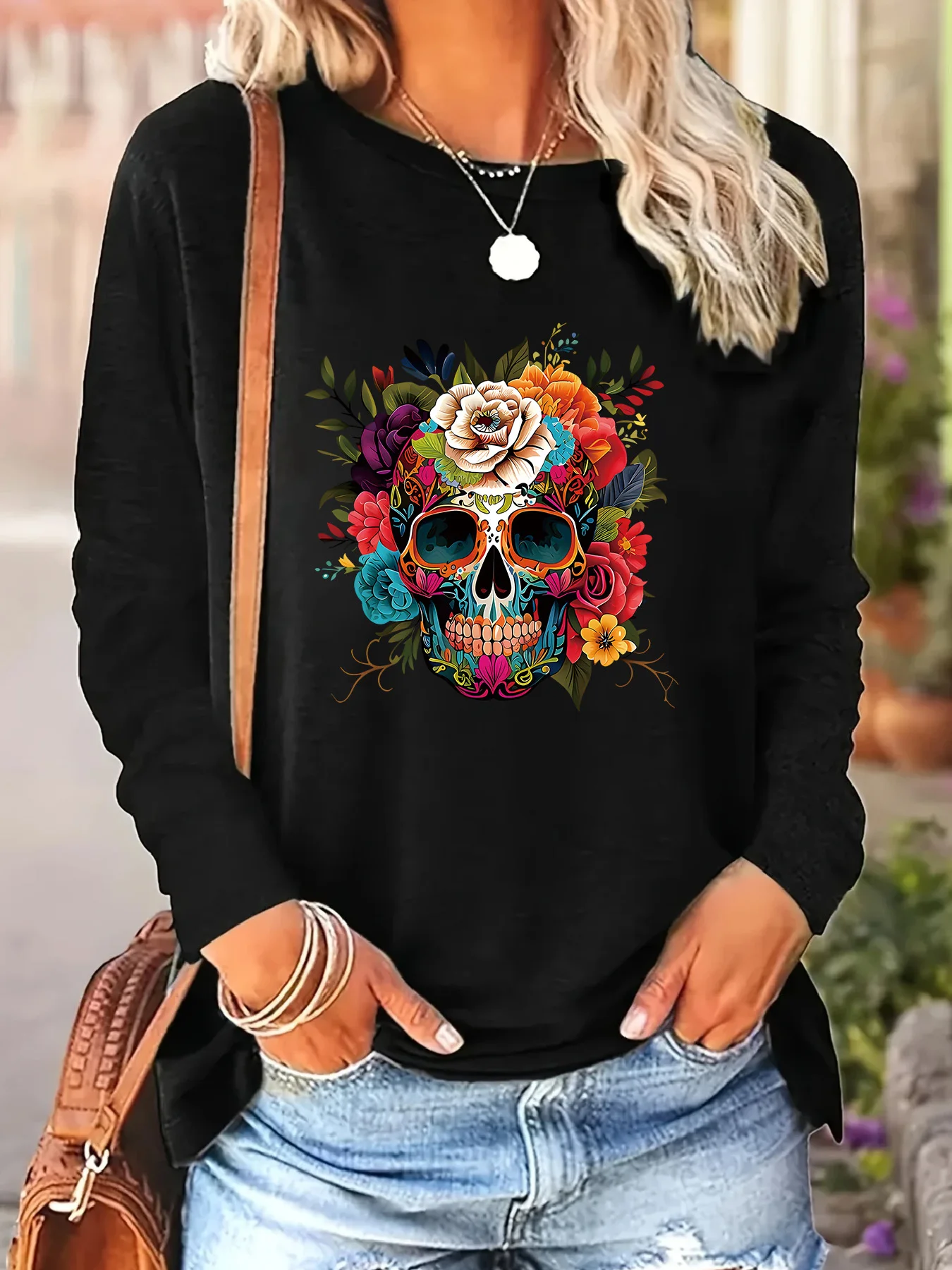 Damen-T-Shirt mit mexikanischem Volkskunstdruck, Motiv Tag der Toten, Zuckerschädel und Blumenkranz, Rundhalsausschnitt, Langarm-Oberteil, Damenbekleidung