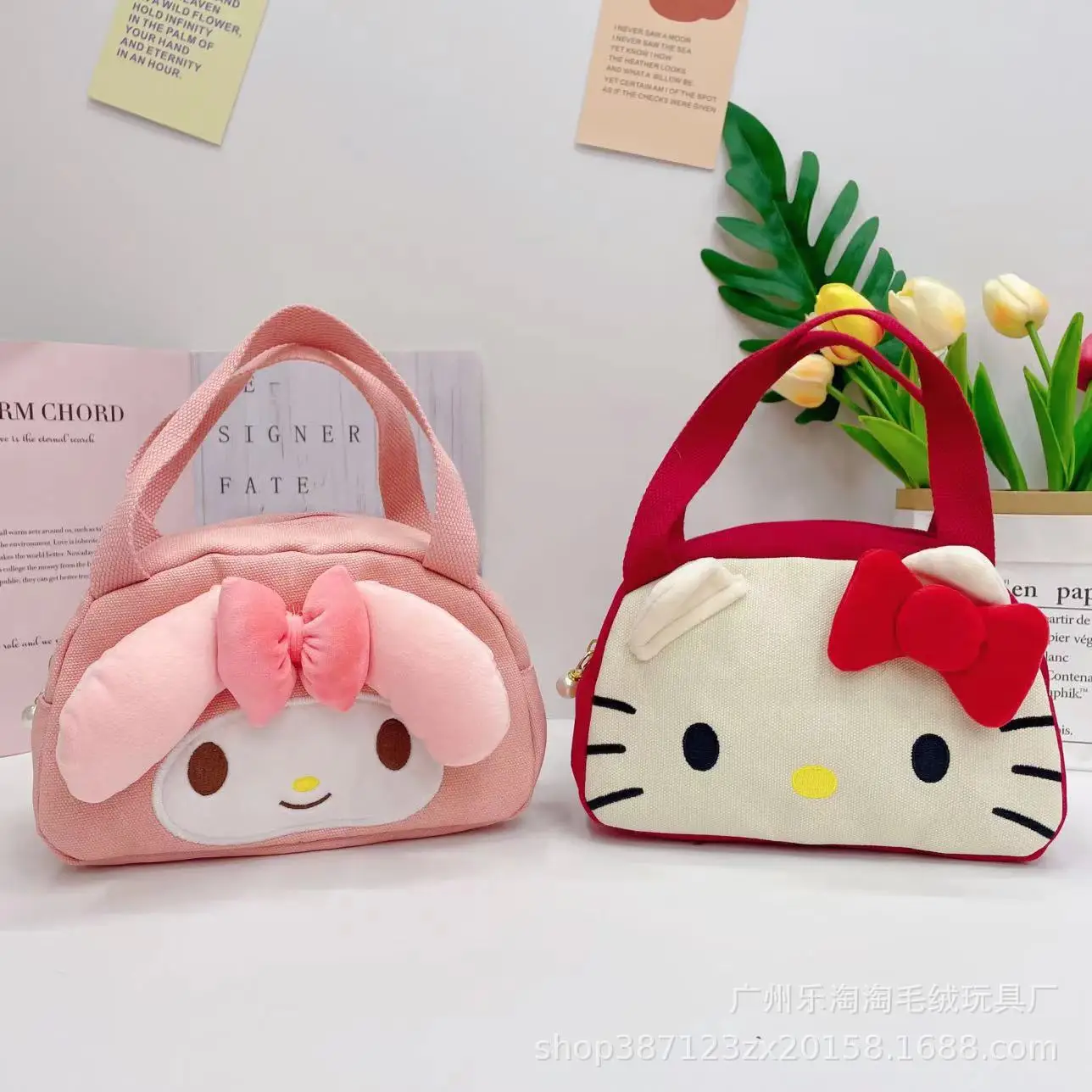 

Sanrio Hello Kitty Women Handbag Large Capacity Cartoon Cute Melody KT Three-dimensional Ear Plush Shopping Bag Hand Makeup Bag