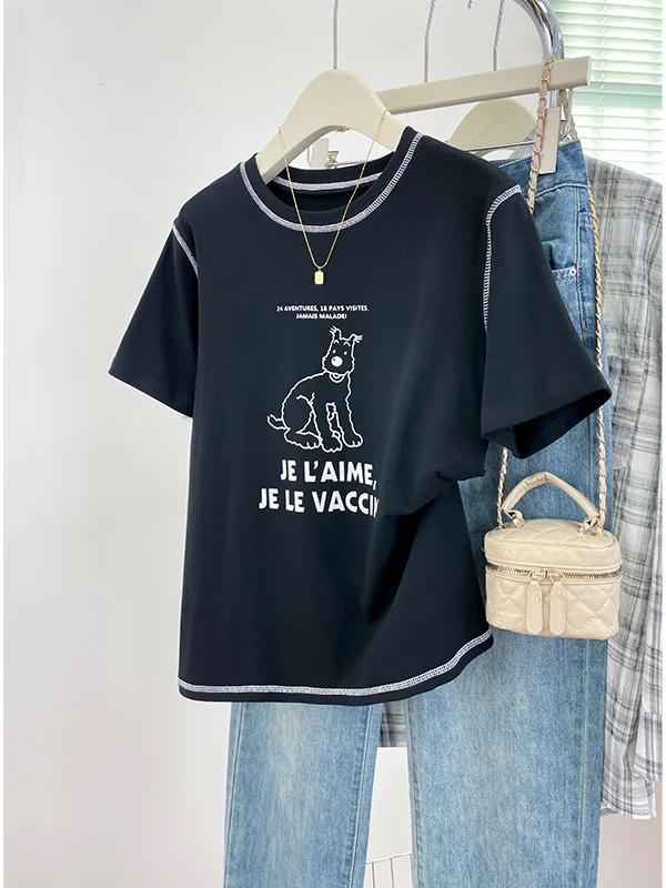 Laid-back Cartoon Print Casual Short Sleeve T-shirt American Retro Stitching Design Unique Top Cotton Comfortable Summer Wome...