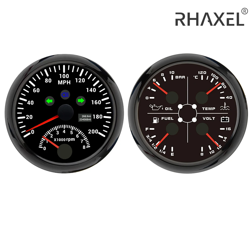 RHAXEL 2 Gauge Set 85mm 2in1 Speedometer GPS 120MPH 4in1 Fuel Level Water Temp. Oil Pressure Voltmeter 12V for Vessels Truck RV