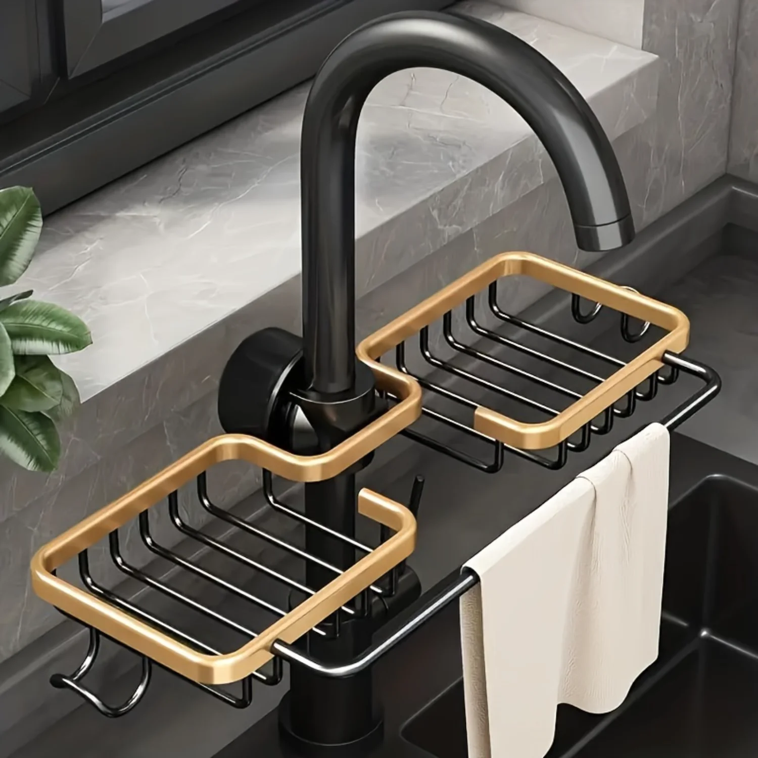 Aluminum Sink Rack for Sponge & Soap, Hanging Baskets & Accessories Organizer