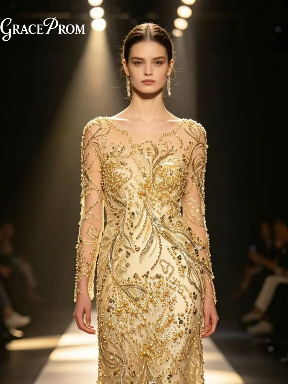 

Luxury Crystal Embellished Gold Evening Gown Round Neck Long Sleeve Tulle Mermaid Party Dress For Wedding Guests فساتين سهرة