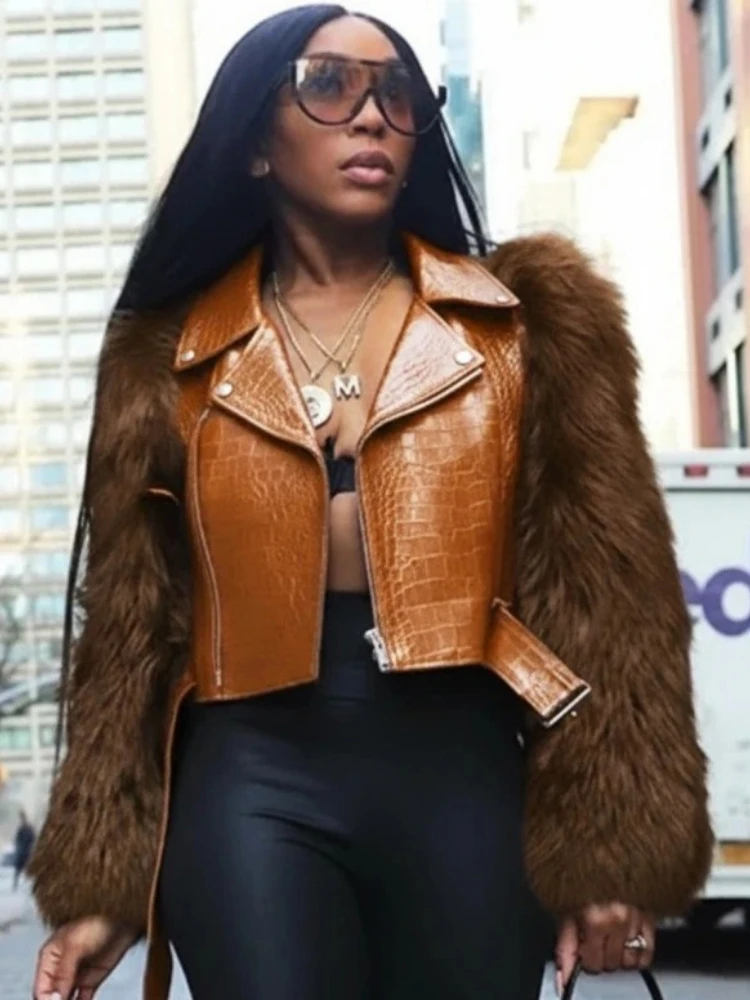 เสื้อแจ็คเก็ตหนังแต่งขนสัตว์สไตล์เซ็กซี่สำหรับผู้หญิง แบรนด์ Leosoxs รุ่นใหม่ประจำฤดูหนาว  แบบมีปก  ติดซิป  ทรงครอป  เสื้อผ้าสตรีแนวสตรีท