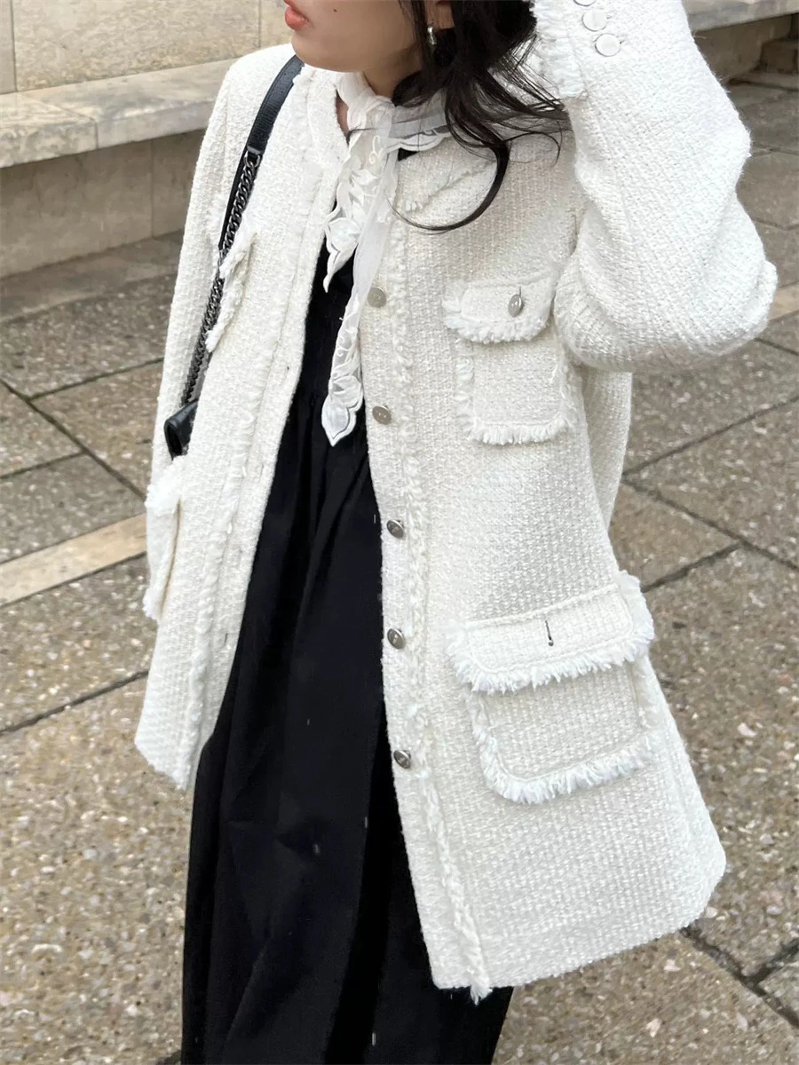 

Премиум PREON Весна Новое поступление Ele Ladylike Fraance Sle Jaet Straight Cut Thiened Long Sve круглый Ne Button up