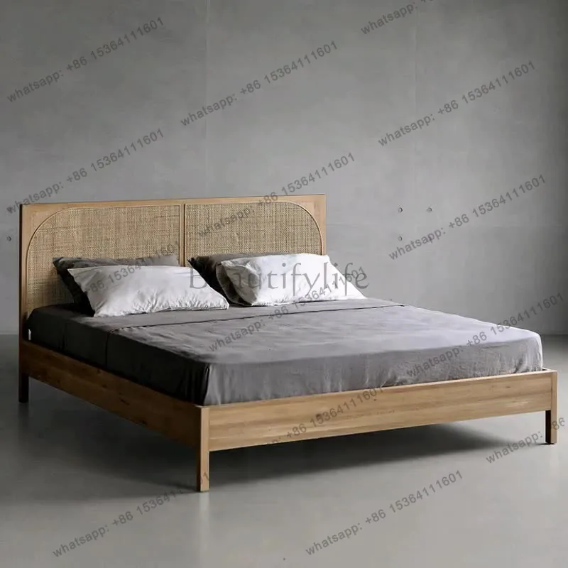 Modern minimalist solid wood bed Japanese-style wabi-sabi rattan double bed retro furniture