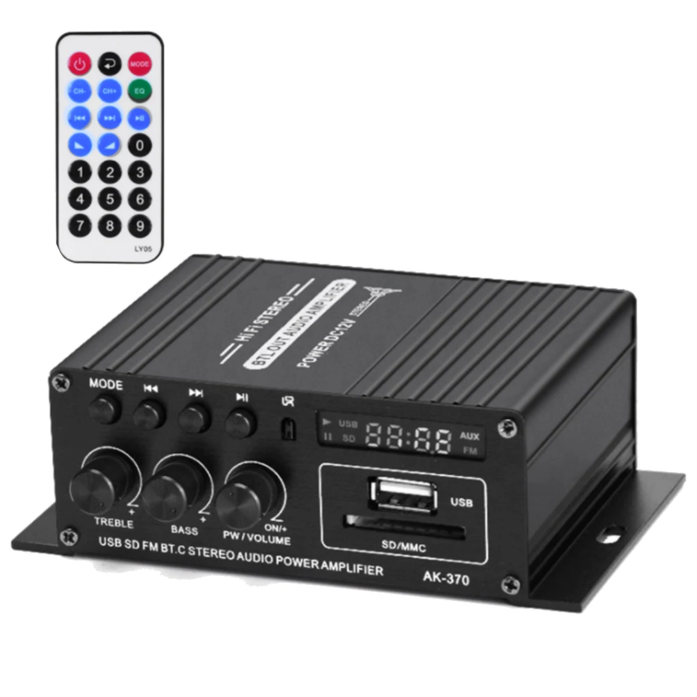 

AK370 2 Channel Bluetooth HiFi Power Amplifier Home Car Audio Class D Remote Control FM Radio AUX USB/SD(AK370)