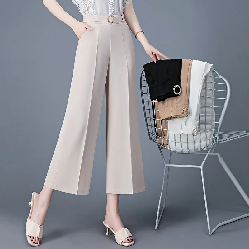 

Summer New Thin Ice Silk High Waist Wide Leg Pants Women Solid Patchwork Pocket Loose Fashion Versatile Casual Straight E392