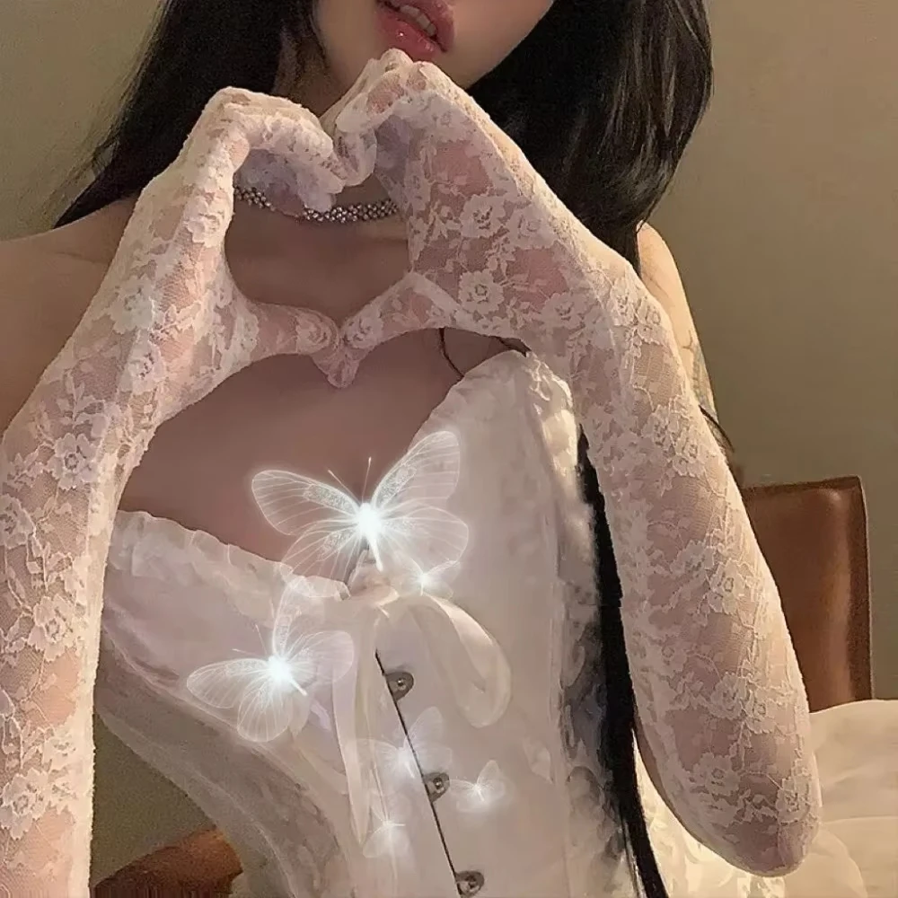 شبكة صيد السمك Bowknot قفازات طويلة للنساء الدانتيل كشكش أصابع قفازات القفازات JK لوليتا Kawaii قفازات بيضاء UV Protection2026