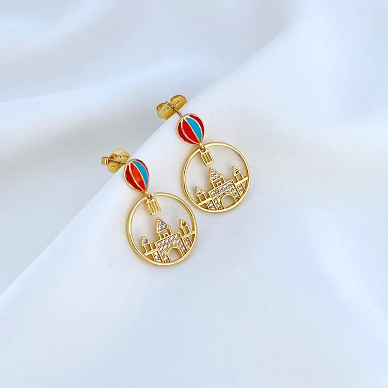 KS European and American New Retro Noble and Elegant Light Luxury Enamel Silver Needle Balloon Hollow Castle Earrings