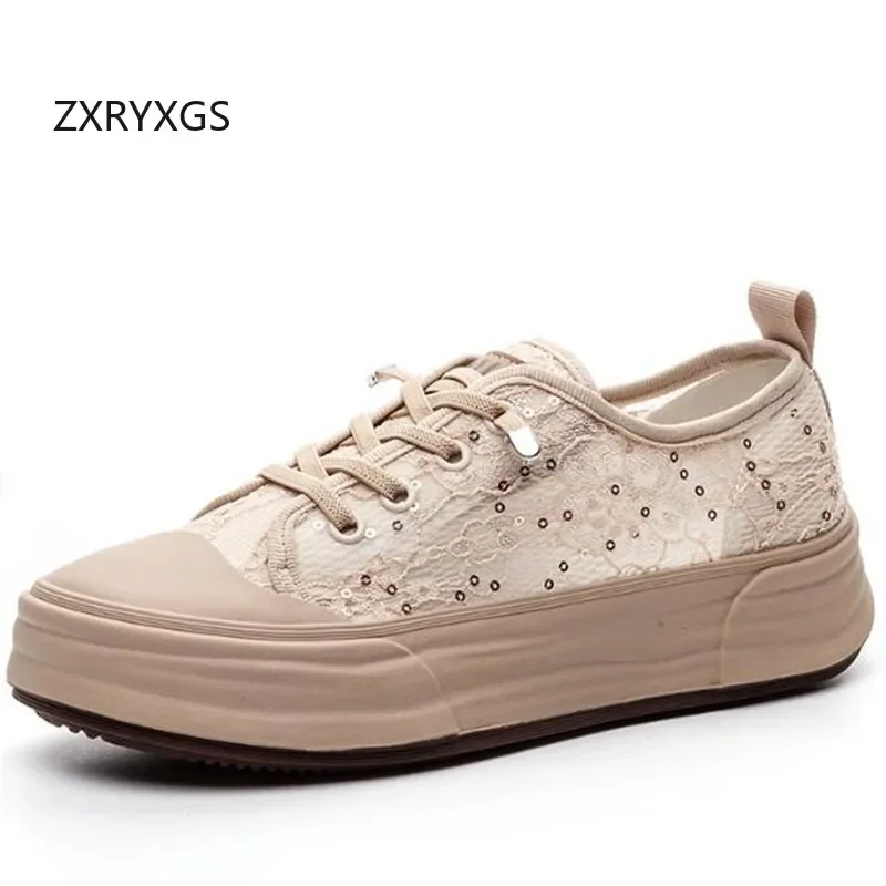 

ZXRYXGS Premium Lace Mesh Sequin Women's Vulcanized Shoes Summer Sneakers 2024 Large Size Breathable Sneakers Platform Flats